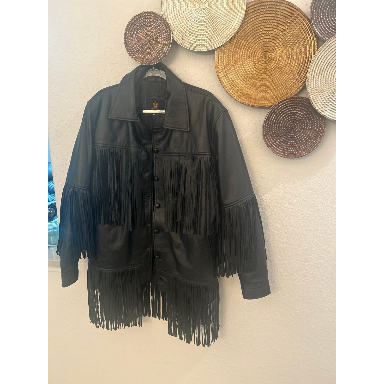 Black Leather Gates Fringe Men's Jacket - Western Boho Style Outerwear Size Xl